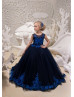 Navy Blue Beaded Lace Tulle Long Flower Girl Dress Pageant Dress